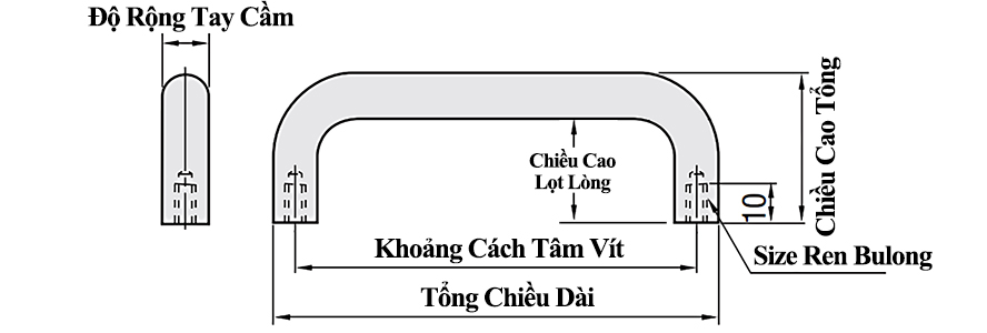 Bản vẽ kỹ thuật Tay Nắm Cửa Chữ U Inox 304 Đánh Bóng Phi 10 mm x L 100 mm (UWANS10-100-27)