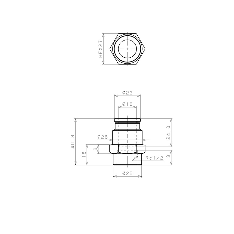 Bản vẽ kỹ thuật Đầu Nối Nhanh Khí Nén Dạng Thẳng Ren Trong Pisco PCF16-04W