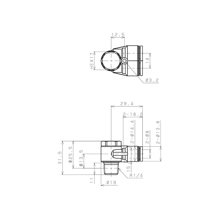 Bản vẽ kỹ thuật Đầu Nối Nhanh Khí Nén Hai Nhánh Cong 90° Đầu Lục Giác Trụ Ren Ngoài Pisco PA8-02-C