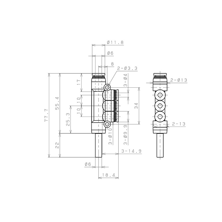 Bản vẽ kỹ thuật Đầu Nối Nhanh Khí Nén Giữa Ống Khí Và Fitting Bốn Nhánh Dạng Chữ T Pisco PKJ6-4W
