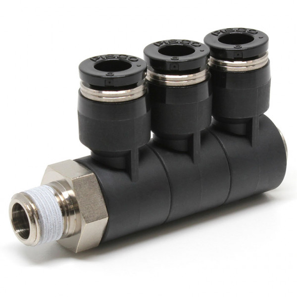 Đầu Nối Nhanh Khí Nén Ba Nhánh Cong 90° Thân Lục Giác Trụ Ren Ngoài Pisco PHT6-01W