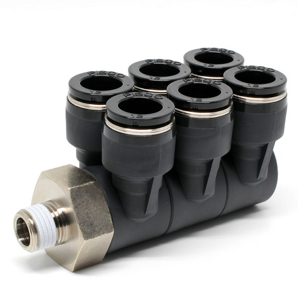 Đầu Nối Nhanh Khí Nén Sáu Nhánh Cong 90° Thân Lục Giác Trụ Ren Ngoài Pisco PAT12-02