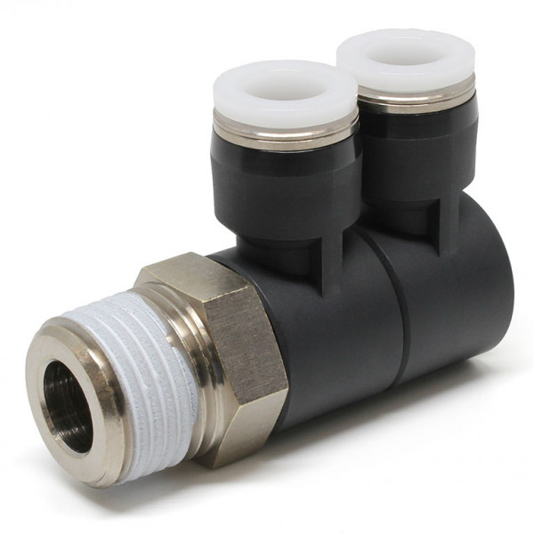 Đầu Nối Nhanh Khí Nén Hai Nhánh Cong 90° Thân Lục Giác Trụ Ren Ngoài Pisco PHW1/2-N4U