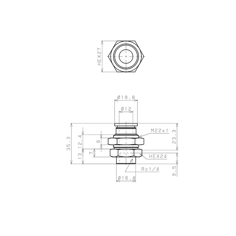 Bản vẽ kỹ thuật Đầu Nối Nhanh Khí Nén Dạng Thẳng Ren Trong Ngoài Pisco PMF12-02-C