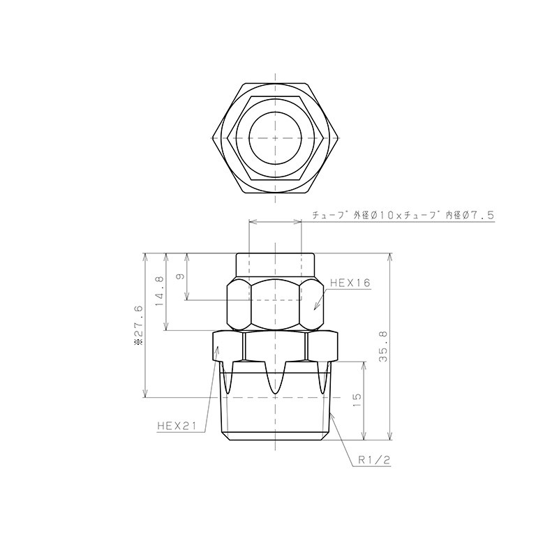 Bản vẽ kỹ thuật Đầu Ngạnh Nối Ống Có Đai Ốc Xiết Dạng Thẳng Thân Lục Giác Ren Ngoài Pisco NKC1075-04