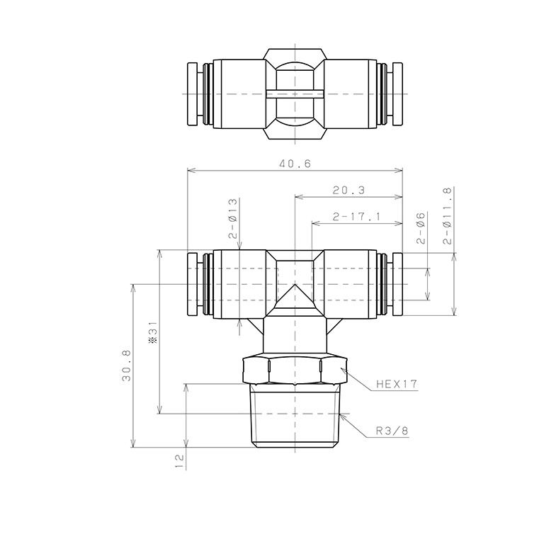 Bản vẽ kỹ thuật Đầu Nối Nhanh Khí Nén Dạng Chữ T Ren Ngoài Pisco PB6-03SUS