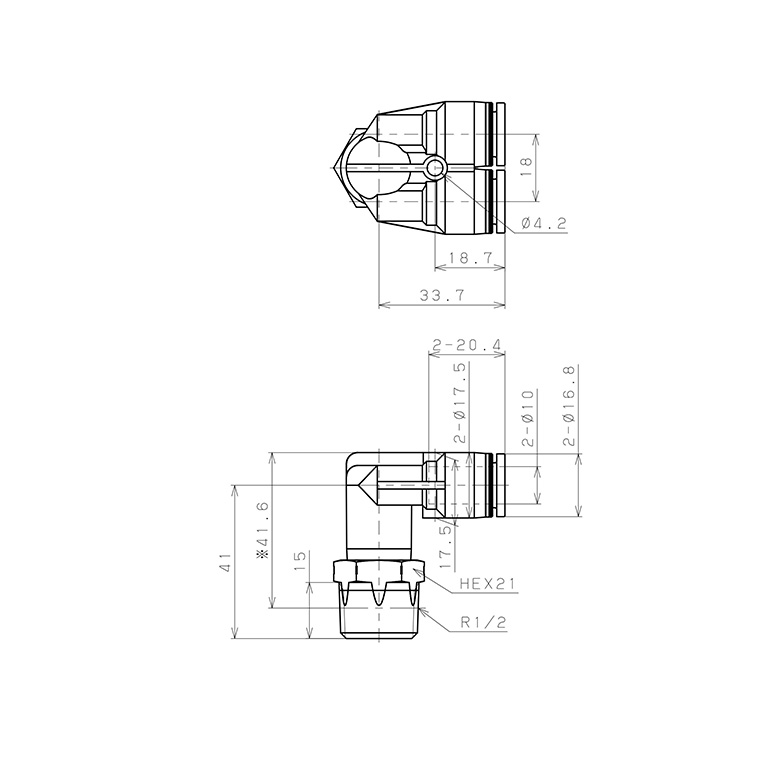 Bản vẽ kỹ thuật Đầu Nối Nhanh Khí Nén Hai Nhánh Cong 90° Ren Ngoài Pisco PAX10-04SUS