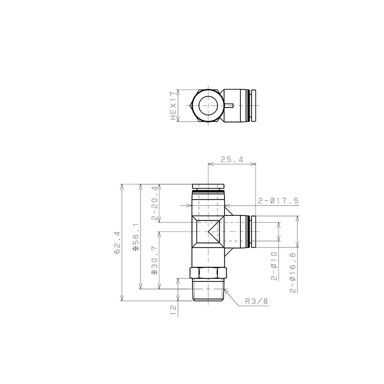 Bản vẽ kỹ thuật Đầu Nối Nhanh Khí Nén Dạng Chữ T Ren Ngoài Pisco PD10-03SUS