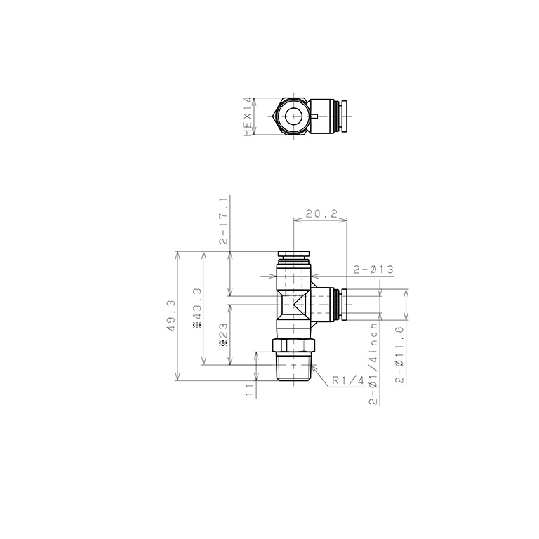 Bản vẽ kỹ thuật Đầu Nối Nhanh Khí Nén Dạng Chữ T Ren Ngoài Pisco PPD1/4-02-F