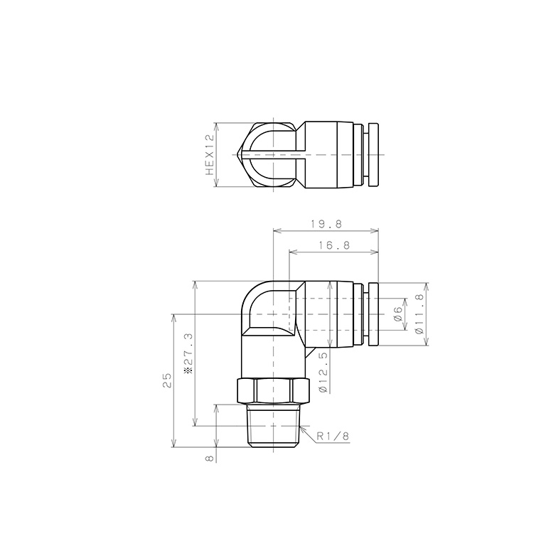 Bản vẽ kỹ thuật Đầu Nối Nhanh Khí Nén Dạng Cong 90° Ren Ngoài Pisco SPPL6-01SP