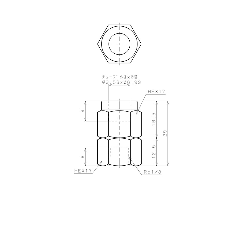 Bản vẽ kỹ thuật Đầu Ngạnh Nối Ống Có Đai Ốc Xiết Dạng Thẳng Thân Lục Giác Ren Trong Pisco NSCF3/8-01