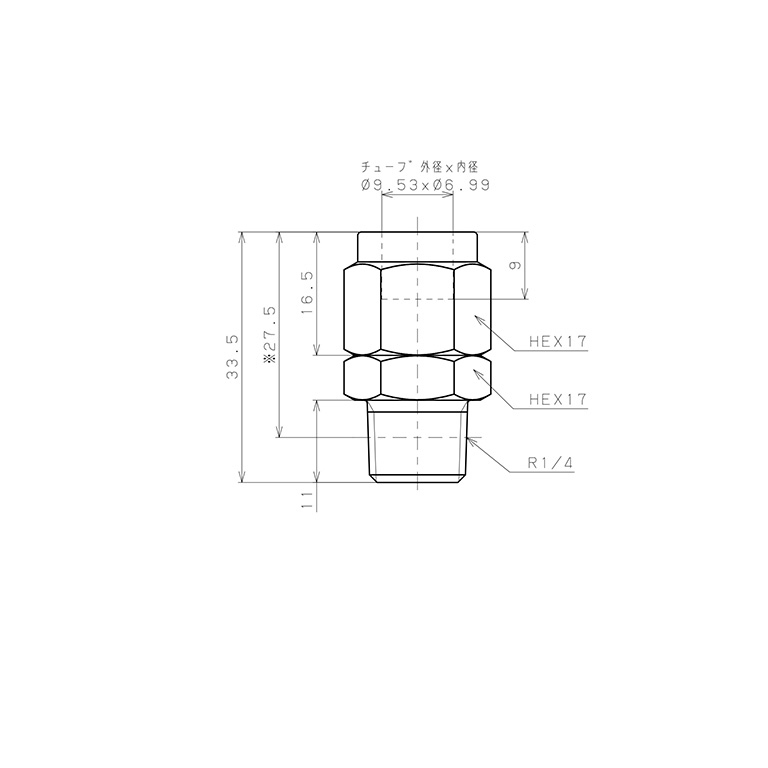 Bản vẽ kỹ thuật Đầu Ngạnh Nối Ống Có Đai Ốc Xiết Dạng Thẳng Thân Lục Giác Ren Ngoài Pisco NSC3/8-02-TP