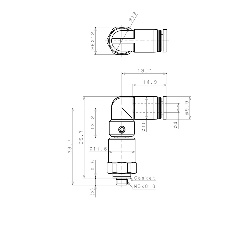 Bản vẽ kỹ thuật Đầu Nối Nhanh Khí Nén Dạng Cong 90° Ren Ngoài Có Khớp Xoay Tốc Độ Cao Pisco RHL4-M5