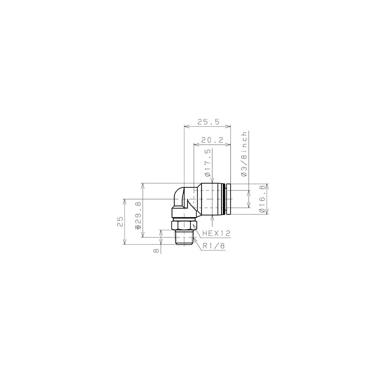 Bản vẽ kỹ thuật Đầu Nối Nhanh Khí Nén Dạng Cong 90° Ren Ngoài Pisco PL3/8-01W