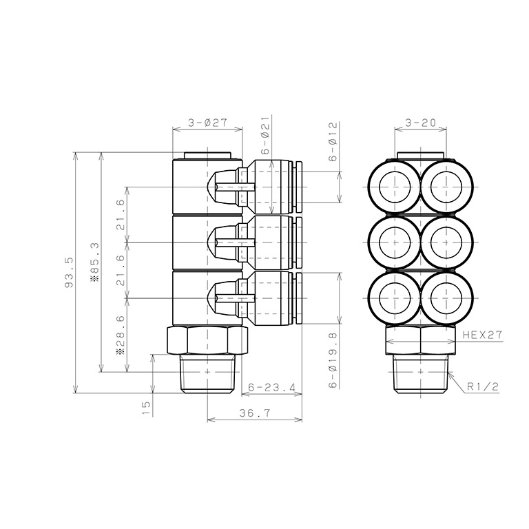 Bản vẽ kỹ thuật Đầu Nối Nhanh Khí Nén Sáu Nhánh Cong 90° Thân Lục Giác Trụ Ren Ngoài Pisco SPAT12-04