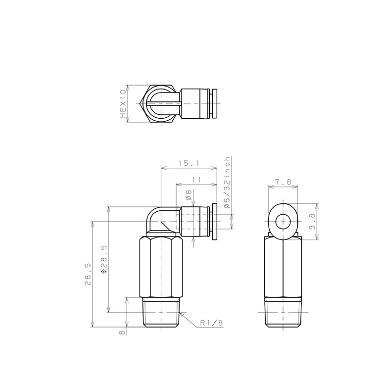 Bản vẽ kỹ thuật Đầu Nối Nhanh Khí Nén Dạng Cong 90° Ren Ngoài (Dài) Pisco PLL5/32-01M