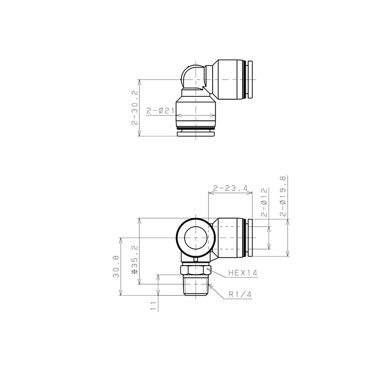 Bản vẽ kỹ thuật Đầu Nối Nhanh Khí Nén Hai Nhánh Chạc Ba Cong 90° Ren Ngoài Pisco PVX12-02W