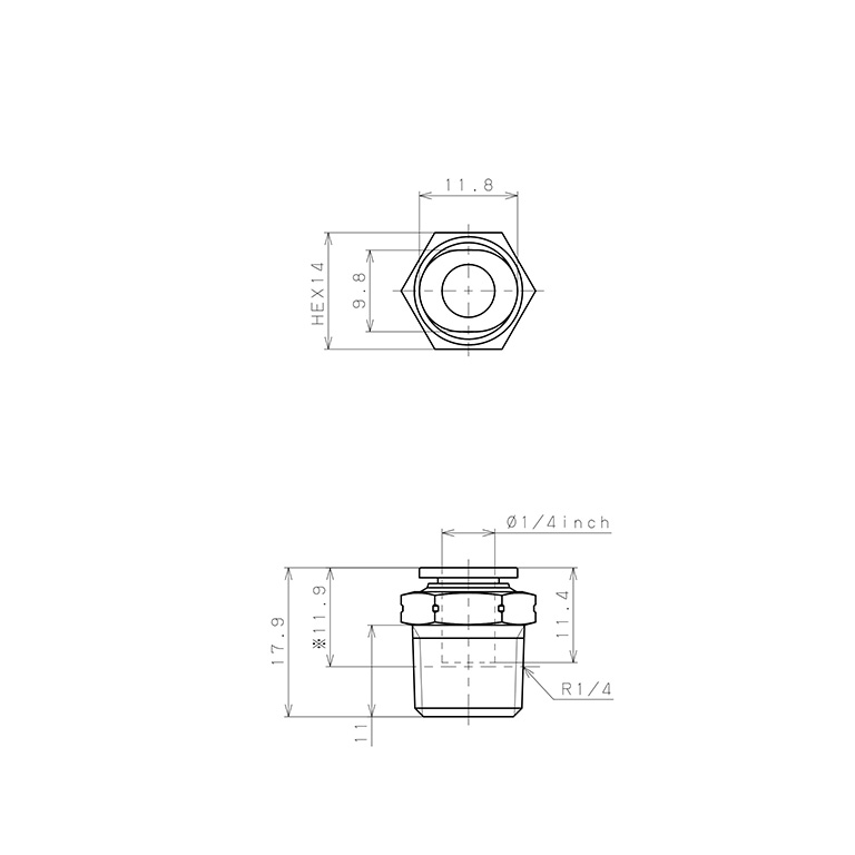 Bản vẽ kỹ thuật Đầu Nối Nhanh Khí Nén Dạng Thẳng Thân Lục Giác Ren Ngoài Pisco PC1/4-02M