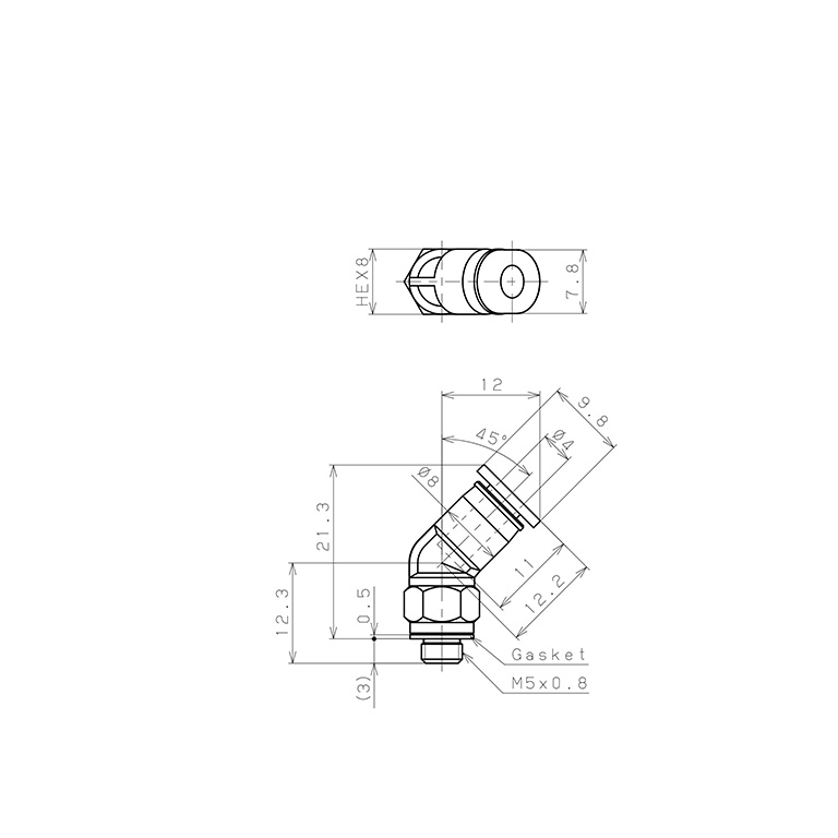 Bản vẽ kỹ thuật Đầu Nối Nhanh Khí Nén Dạng Cong 45° Ren Ngoài Pisco PLH4-M5MW