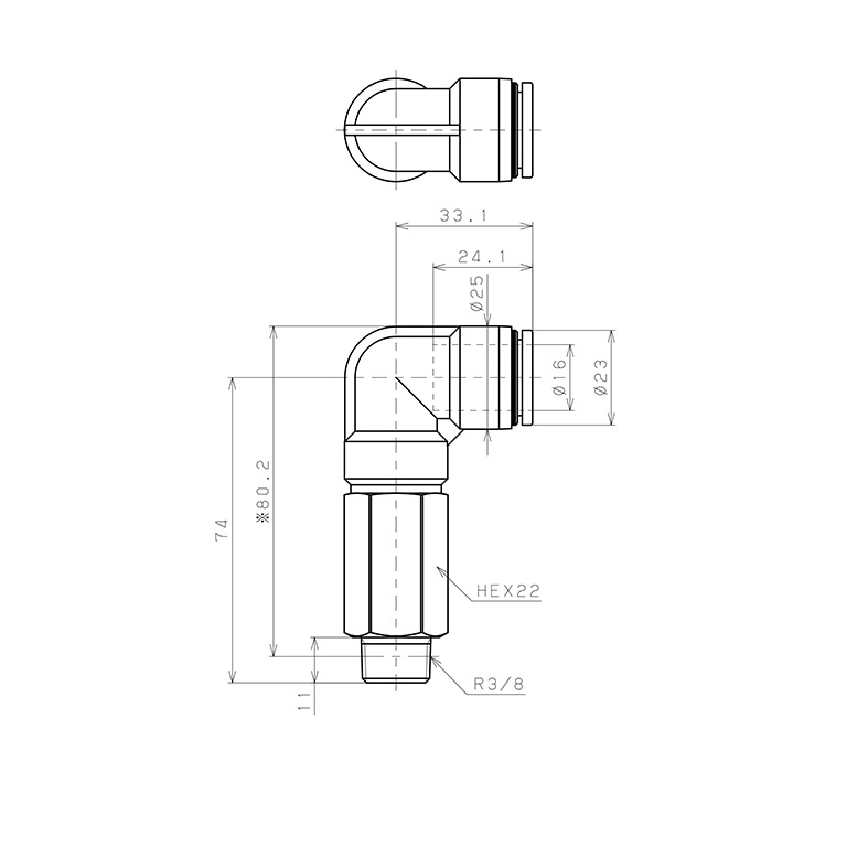 Bản vẽ kỹ thuật Đầu Nối Nhanh Khí Nén Dạng Cong 90° Ren Ngoài (Dài) Pisco PLL16-03W-C