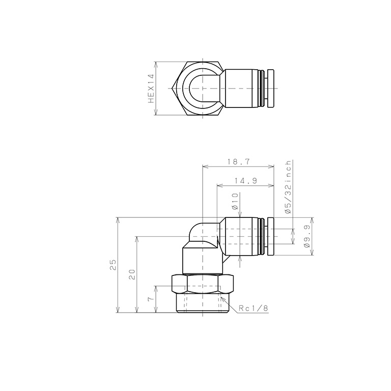Bản vẽ kỹ thuật Đầu Nối Nhanh Khí Nén Dạng Cong 90° Ren Trong Pisco PLF5/32-01