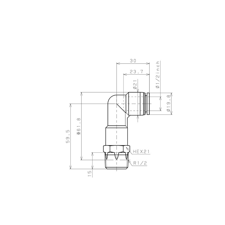 Bản vẽ kỹ thuật Đầu Nối Nhanh Khí Nén Dạng Cong 90° Ren Ngoài (Dài) Pisco PLL1/2-04W