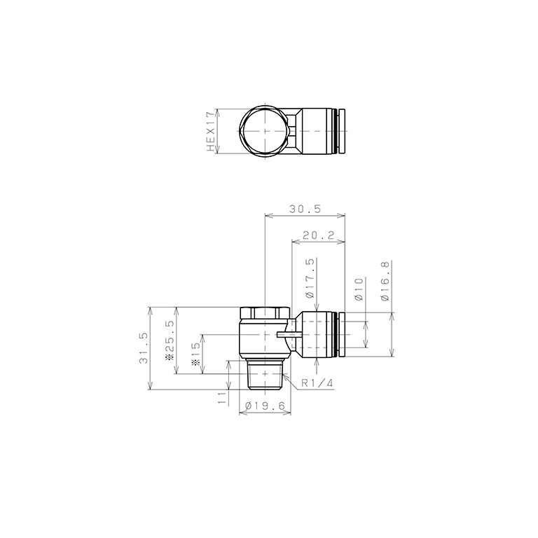 Bản vẽ kỹ thuật Đầu Nối Nhanh Khí Nén Cong 90° Đầu Lục Giác Trụ Ren Ngoài Pisco PH10-02