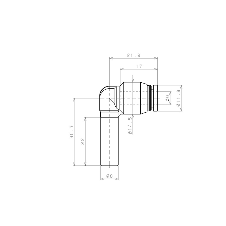 Bản vẽ kỹ thuật Đầu Nối Nhanh Khí Nén Giữa Ống Khí Và Fitting Dạng Nối Giảm Cong 90° Pisco PLGJ8-6W
