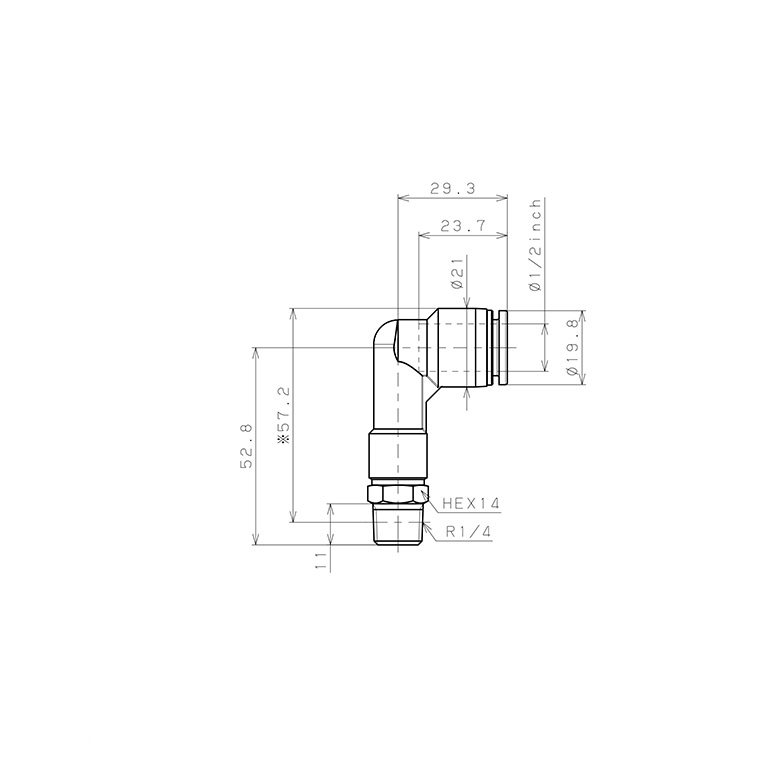 Bản vẽ kỹ thuật Đầu Nối Nhanh Khí Nén Dạng Cong 90° Ren Ngoài (Dài) Pisco PLL1/2-02-C