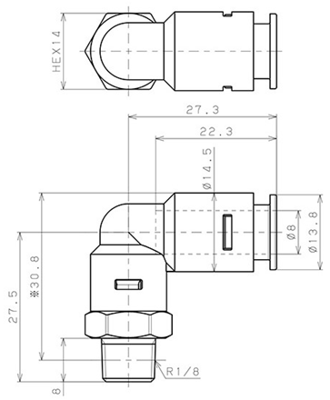 Bản vẽ kỹ thuật Đầu Nối Nhanh Khí Nén Dạng Cong 90° Ren Ngoài Pisco APL8-01-TP