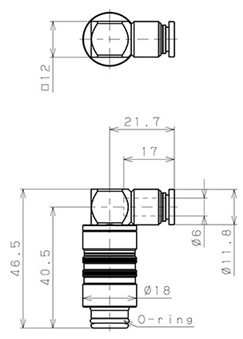 Bản vẽ kỹ thuật Thân Đầu Nối Nhanh Ống Dẫn Điều Khiển Nhiệt Độ Khuôn Đúc Dạng Cong 90°, Có Van Tự Ngắt Pisco ASL10-6P