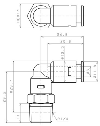 Bản vẽ kỹ thuật Đầu Nối Nhanh Khí Nén Dạng Cong 90° Ren Ngoài Pisco APL6-02-C