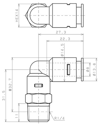 Bản vẽ kỹ thuật Đầu Nối Nhanh Khí Nén Dạng Cong 90° Ren Ngoài Pisco APL8-02-E-TP-C