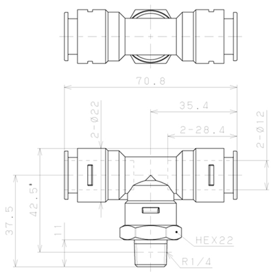 Bản vẽ kỹ thuật Đầu Nối Nhanh Khí Nén Dạng Chữ T Ren Ngoài Pisco APB12-02-TP