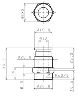 Bản vẽ kỹ thuật Đầu Nối Nhanh Khí Nén Thẳng Phi 12mm Ren Trong R3/8 Pisco PCF12-03