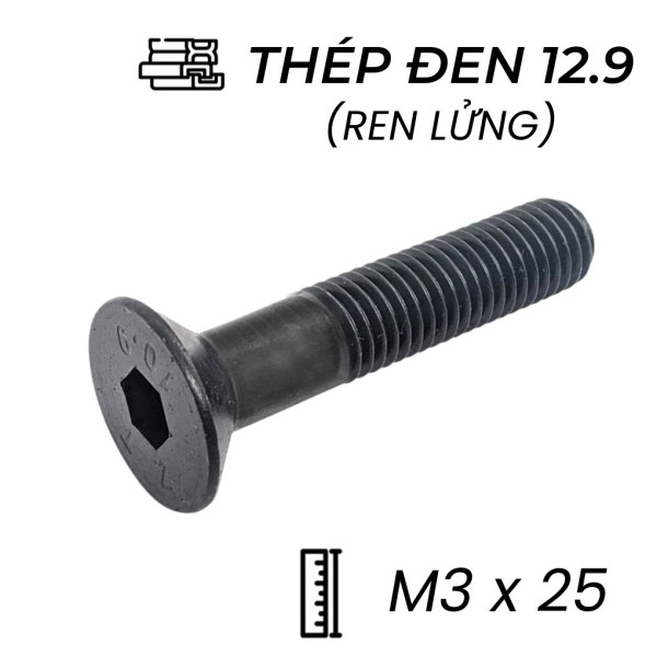Lục Giác Chìm Col Thép Đen 12.9 DIN7991 M3x25 Ren Lửng