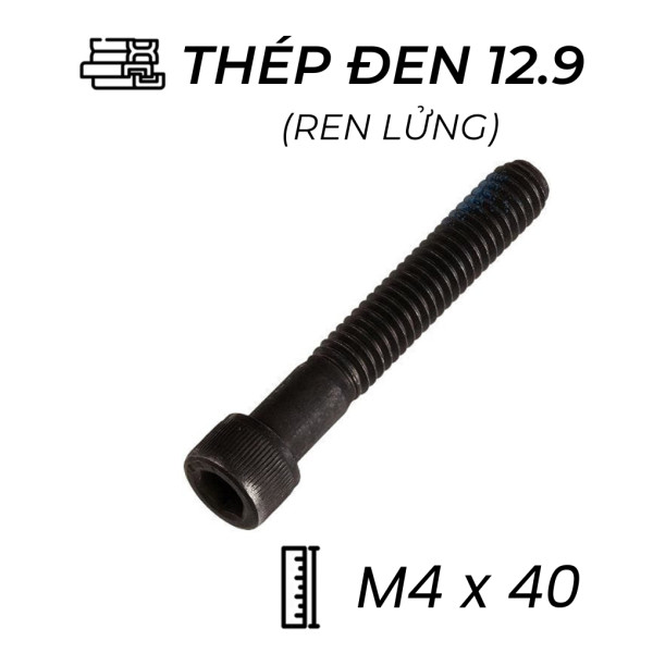 Lục Giác Chìm Đầu Trụ Thép Đen 12.9 DIN912 M4x40 Ren Lửng