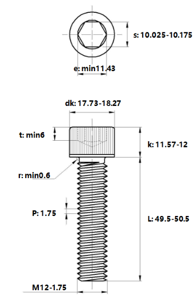 Bản vẽ kỹ thuật Lục Giác Chìm Đầu Trụ Thép Mạ Kẽm Trắng Cr3+ 12.9 DIN912 M12x50