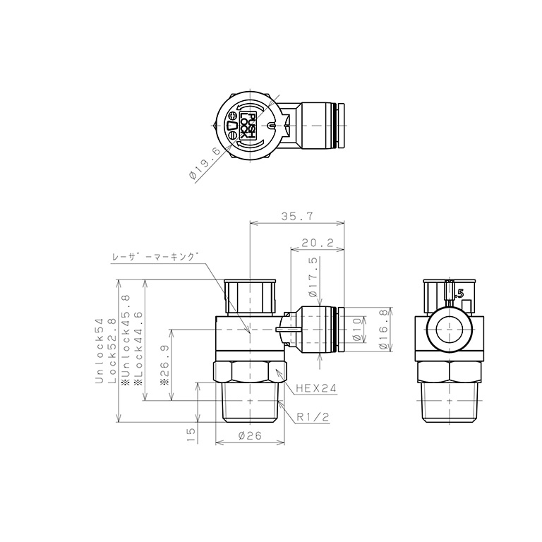 Bản vẽ kỹ thuật Van Tiết Lưu Khí Nén Loại Khóa Đẩy Có Hiển Thị Chỉ Số Pisco JSGC10-04ALW