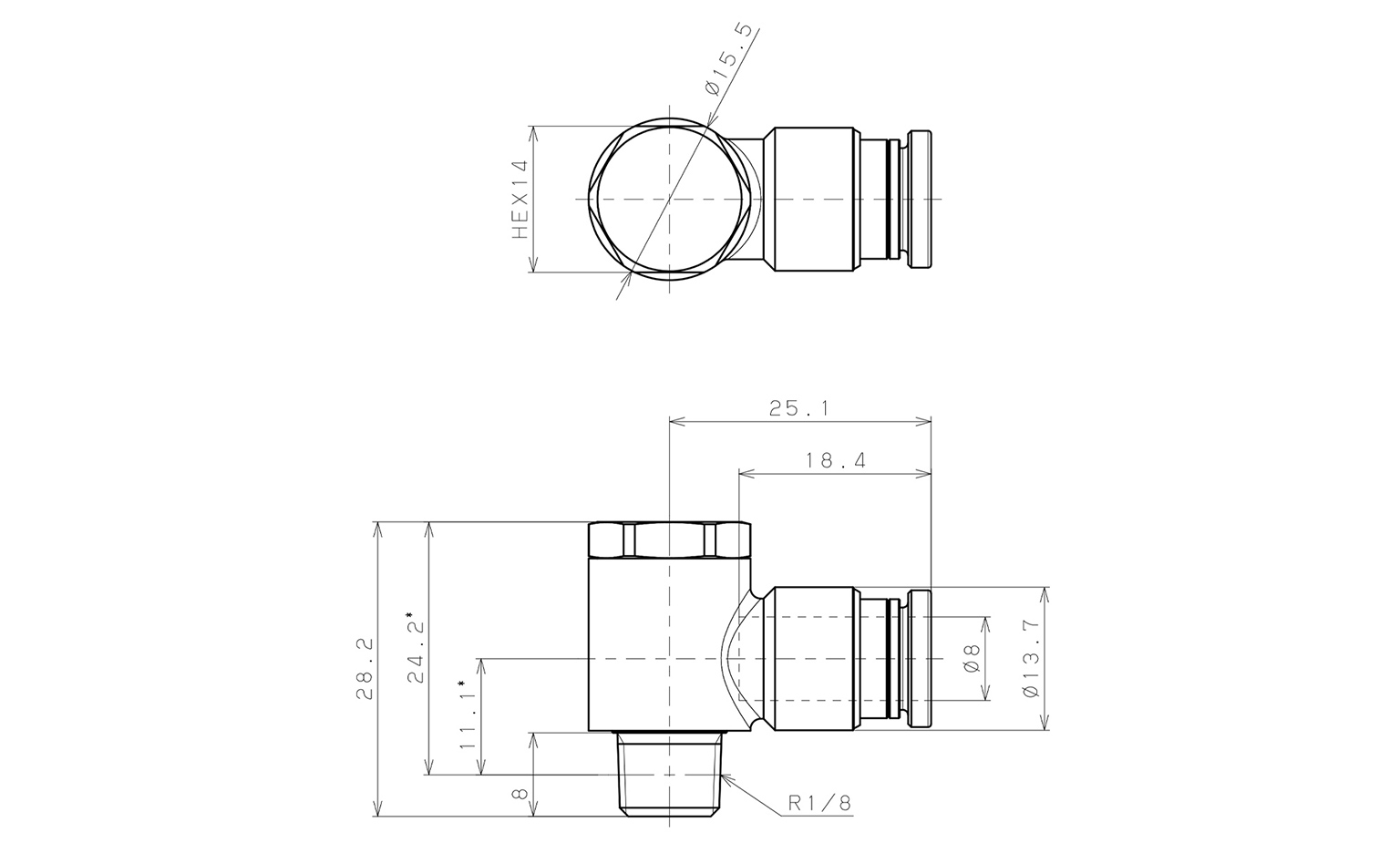 Bản vẽ kỹ thuật Đầu Nối Nhanh Khí Nén Cong 90° Đầu Lục Giác Trụ Ren Ngoài Pisco KH8-01-1-F