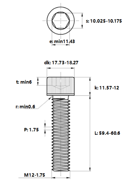 Bản vẽ kỹ thuật Lục Giác Chìm Đầu Trụ Thép Đen 12.9 DIN912 M12x60