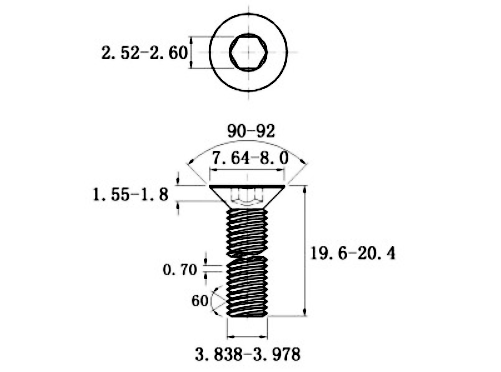 Bản vẽ kỹ thuật Lục Giác Chìm Col Thép Mạ Kẽm Trắng Cr3+ 10.9 DIN7991 M4x20 (50Cái/Bịch)