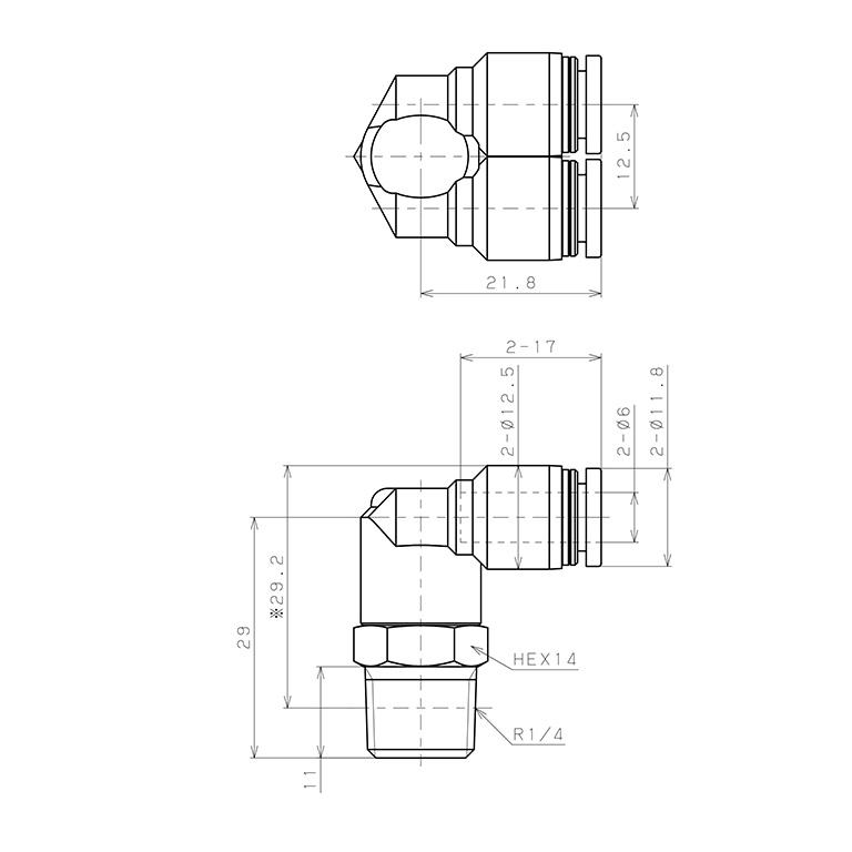 Bản vẽ kỹ thuật Đầu Nối Nhanh Khí Nén Hai Nhánh Cong 90° Ren Ngoài Pisco PAX6-02W