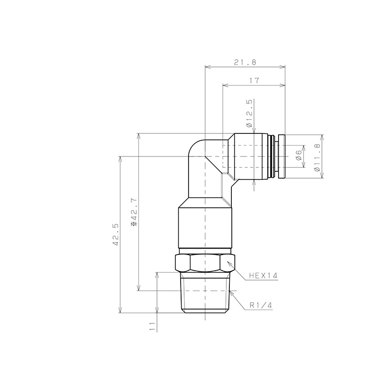 Bản vẽ kỹ thuật Đầu Nối Nhanh Khí Nén Dạng Cong 90° Ren Ngoài (Dài) Pisco PLL6-02W