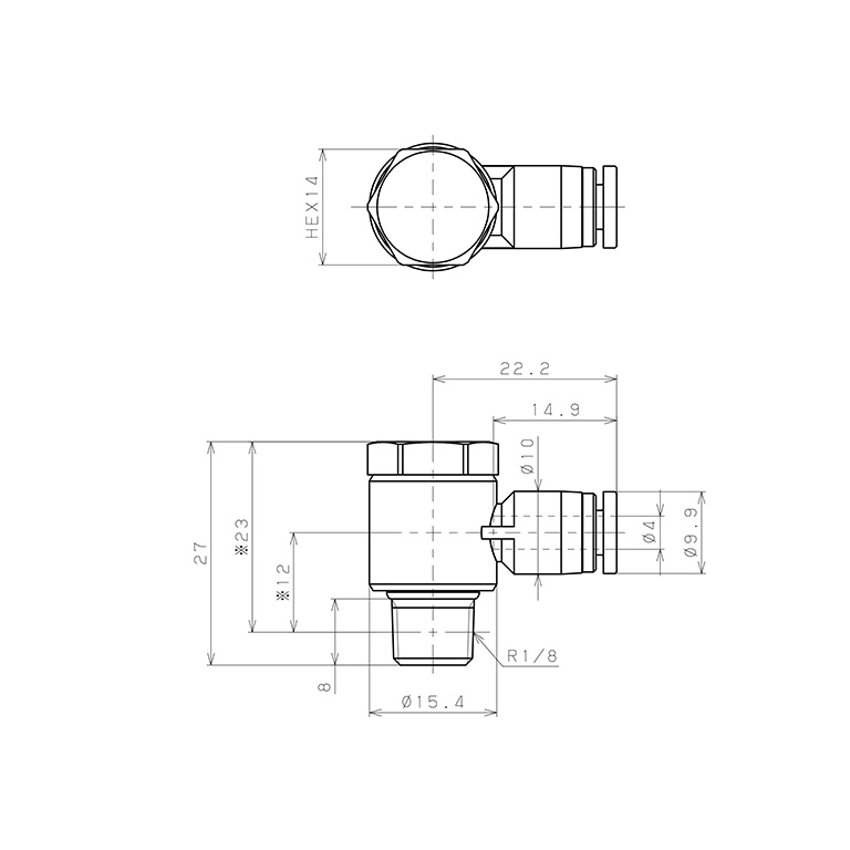 Bản vẽ kỹ thuật Đầu Nối Nhanh Khí Nén Cong 90° Đầu Lục Giác Trụ Ren Ngoài Pisco SPH4-01-UC