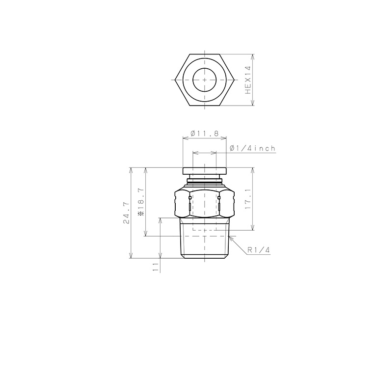 Bản vẽ kỹ thuật Đầu Nối Nhanh Khí Nén Dạng Thẳng Thân Lục Giác Ren Ngoài Pisco PPC1/4-02SUS-UC