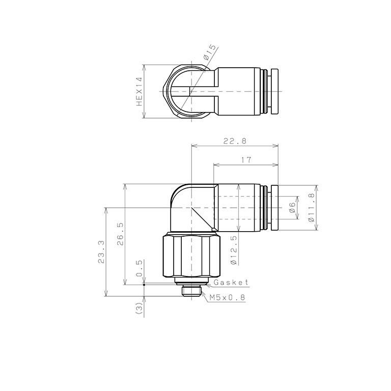 Bản vẽ kỹ thuật Đầu Nối Nhanh Khí Nén Dạng Cong 90° Ren Ngoài Có Khớp Xoay Pisco RL6-M5