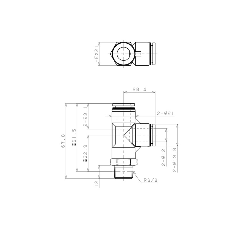 Bản vẽ kỹ thuật Đầu Nối Nhanh Khí Nén Dạng Chữ T Ren Ngoài Pisco PD12-03SUS