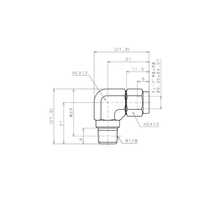 Bản vẽ kỹ thuật Đầu Ngạnh Nối Ống Có Đai Ốc Xiết Dạng Cong 90° Ren Ngoài Pisco NSL1/4-01-TP