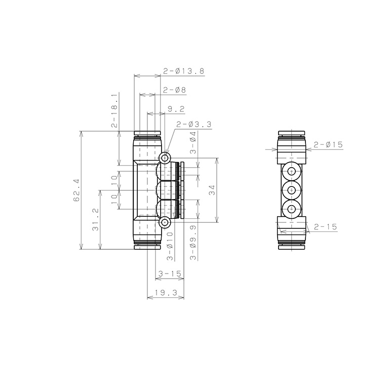 Bản vẽ kỹ thuật Đầu Nối Nhanh Khí Nén Chữ T 5 Ngã Dạng Nối Giảm Pisco PKG8-4SUS